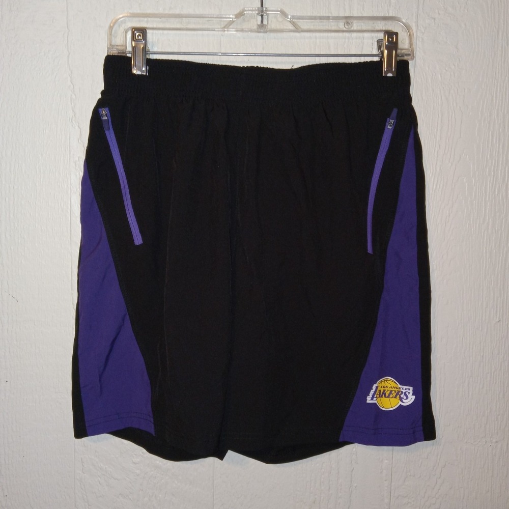NBA Lakers Basketball Shorts Mens Medium Black Purple Zipper Pockets Athletic